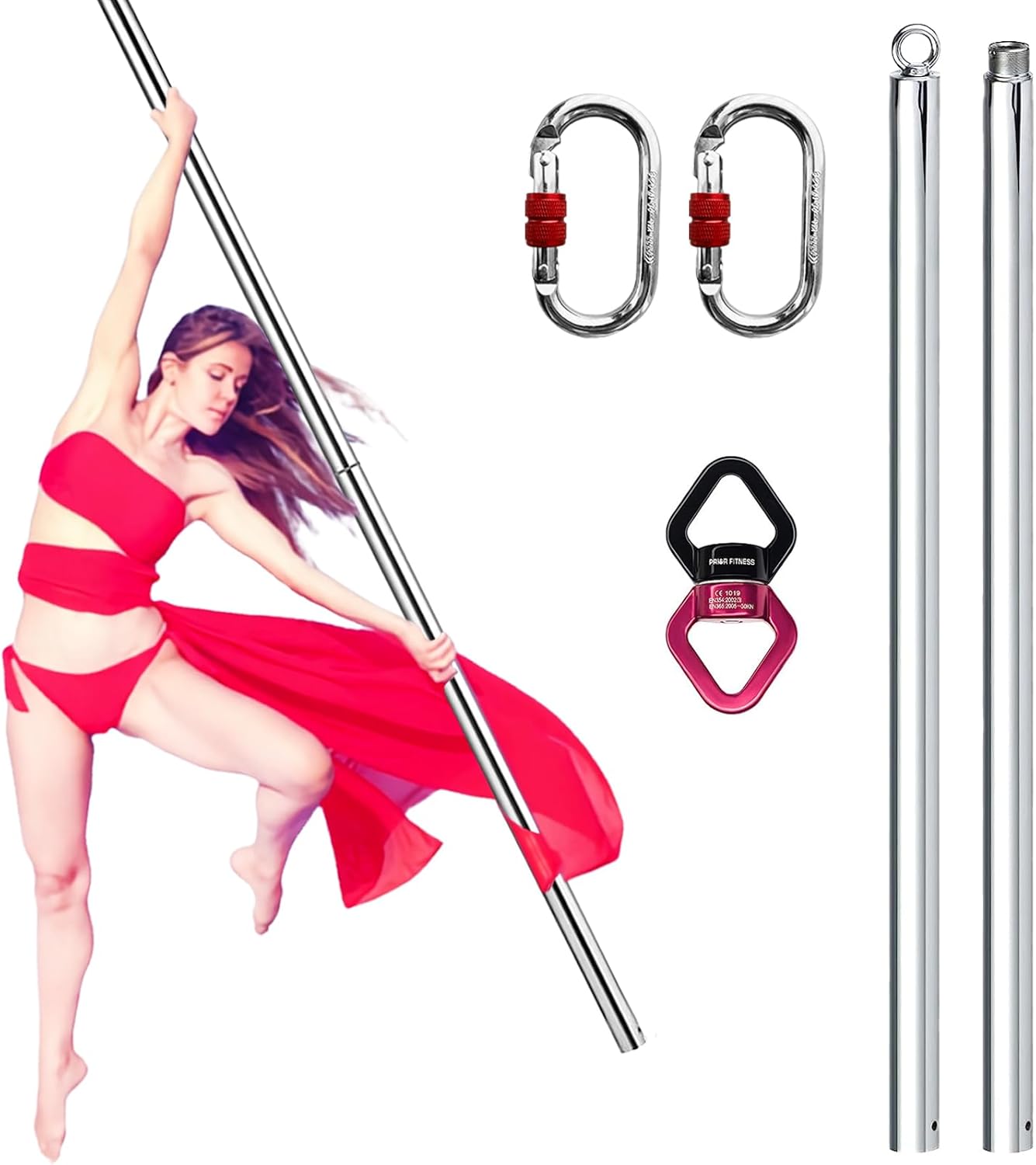 Yoga Fitness Spinning - 空中飛行ダンスポール 2M 360 ° 回転式スチールポール＆カラビナ、SGS認定ヘビーデューティーヨガダンスフィットネス
