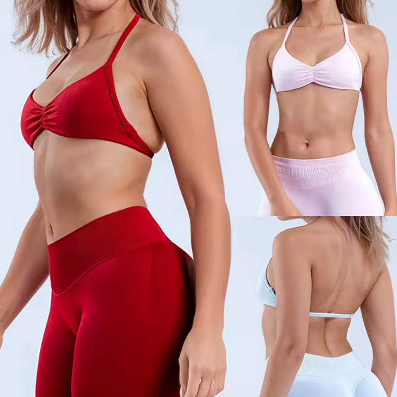 Yoga Fitness Logo - D-LOgo レディース ホルターネック 2ピース ヨガウェア パッド入りスポーツブラ