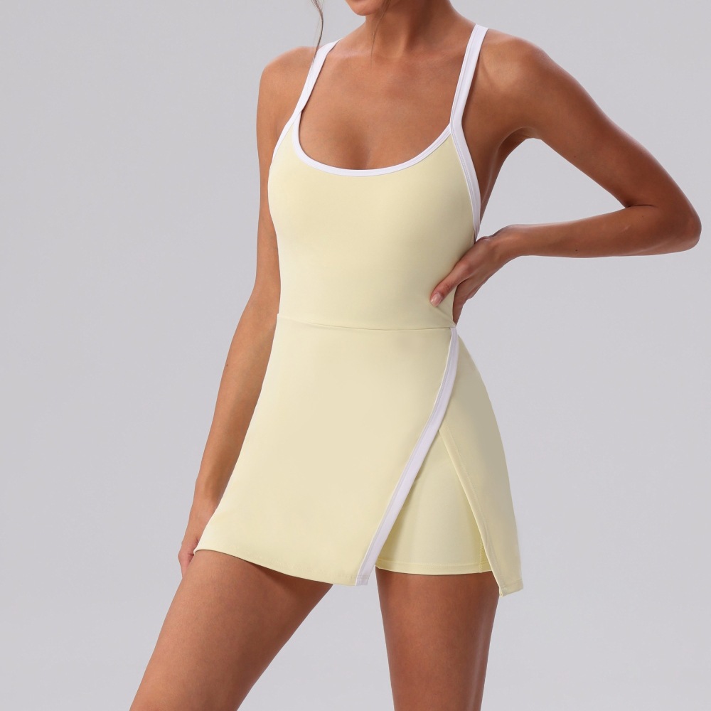 カラーコントラストテニスドレス女性用美しいバックホローバック - Yoga Fitness Dress のレビューと価格