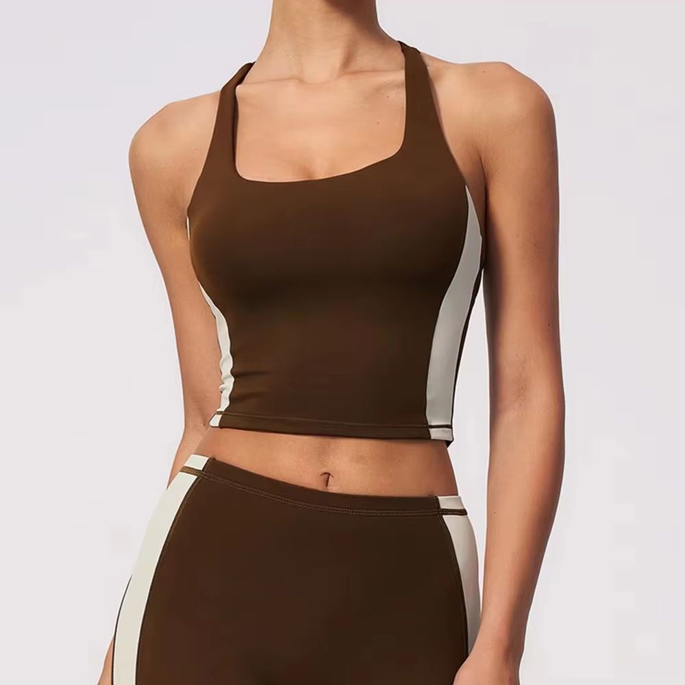 女性用ホルターネックカラーブロックパッド入りヨガタンクトップ - Yoga Fitness Logo のレビューと価格